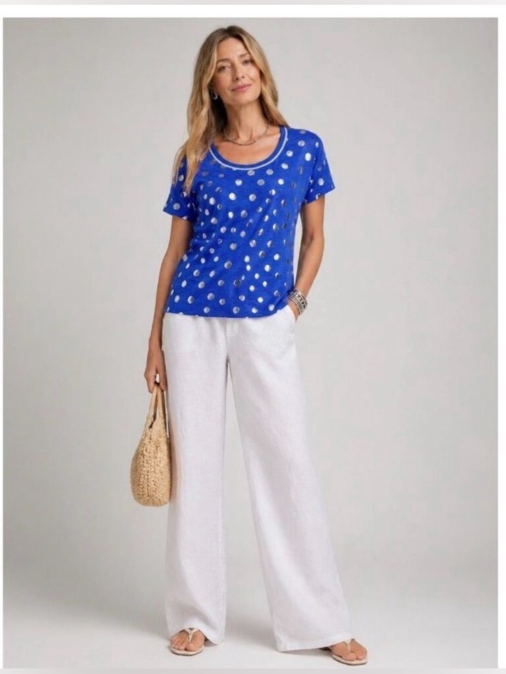 Chico's Royal Blue Top with Metallic Silver Polka Dots